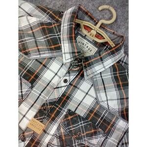 BKE Vintage Mens Large Plaid Western Snap Long Sleeve Shirt Grey Orange Ripstop